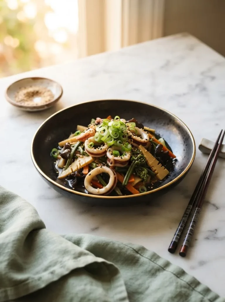 Glossy ika sansai squid salad with mountain vegetables in a black ceramic bowl with chopsticks