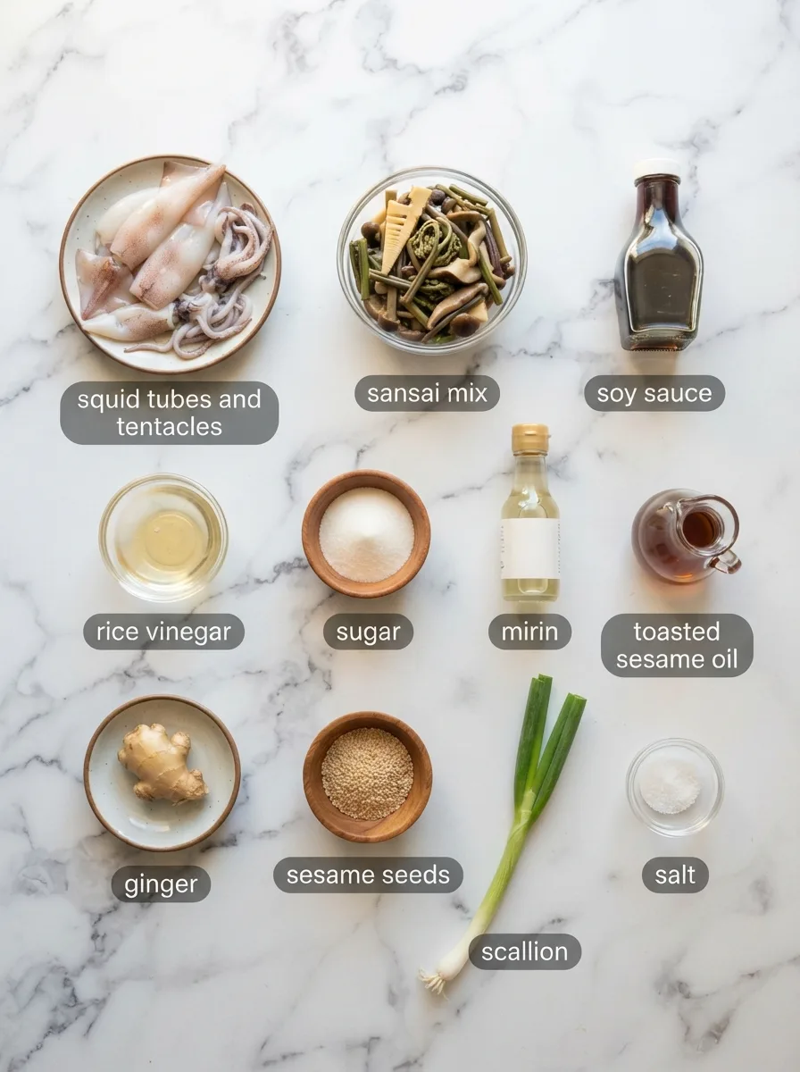 Overhead flat lay of ika sansai ingredients including squid, sansai mix, and dressing components