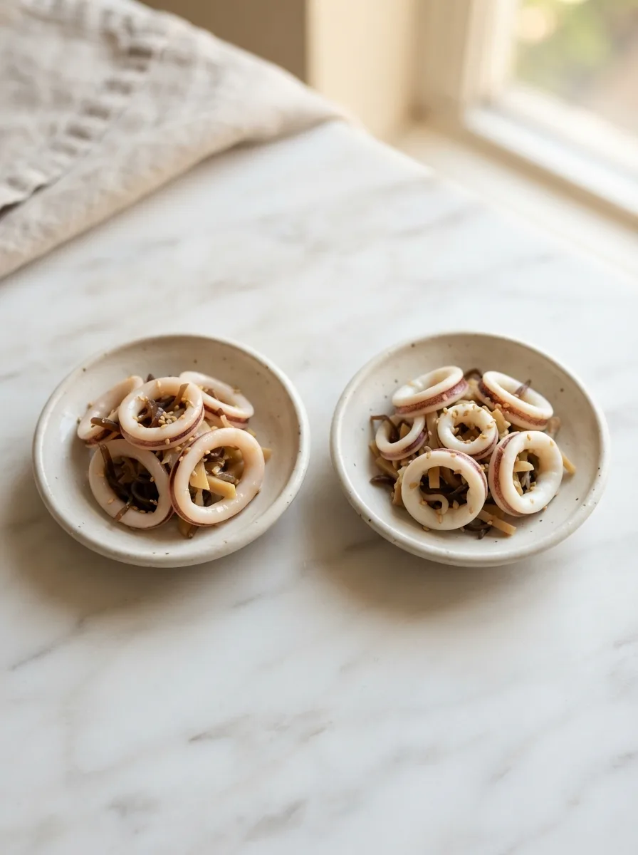 Side-by-side comparison of underboiled and overboiled squid texture for ika sansai