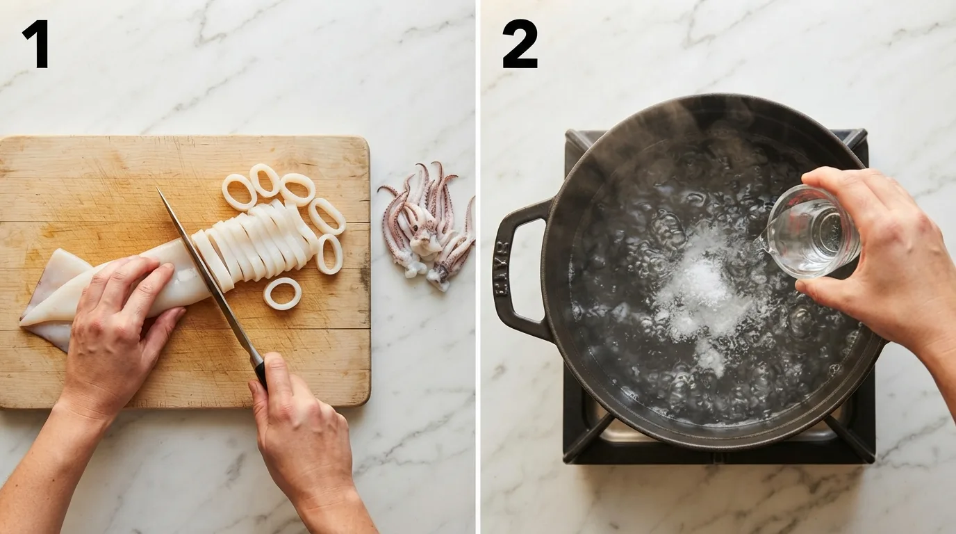 Hands slicing squid tubes into rings on a marble cutting board / Adding vinegar to a pot of boiling water for cooking squid