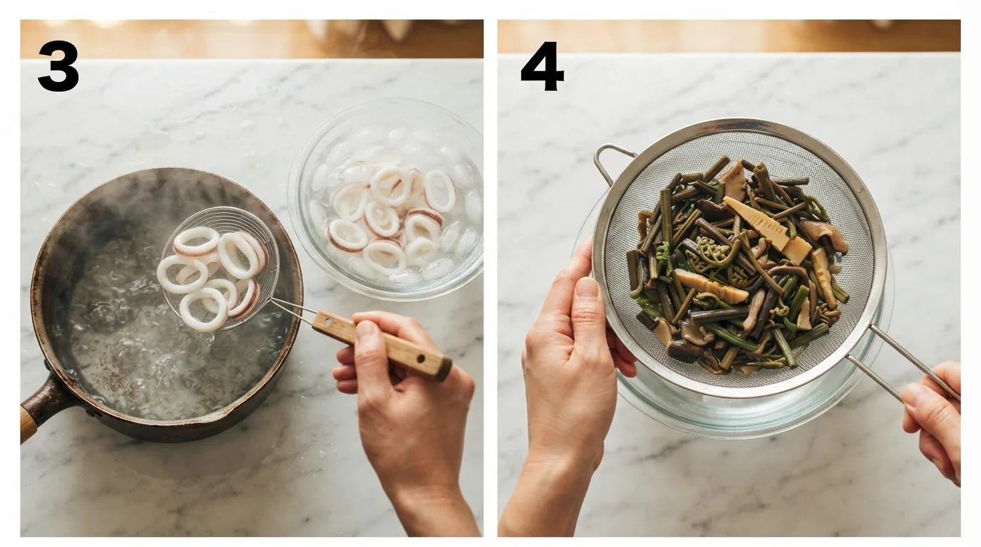 Transferring boiled squid into an ice water bath with a slotted spoon / Draining sansai mountain vegetable mix through a fine mesh strainer