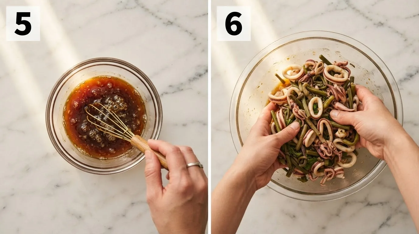 Whisking soy sauce, rice vinegar, mirin, and sesame oil for ika sansai dressing / Tossing squid and sansai mix with dressing in a glass mixing bowl