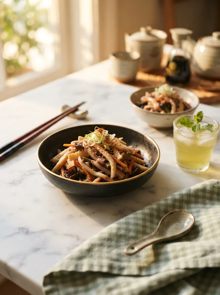 Ika sansai squid salad served at a table with chopsticks and iced green tea