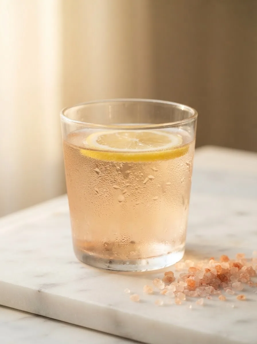 Close-up of pink salt crystals beside a glass of pink salt morning tonic