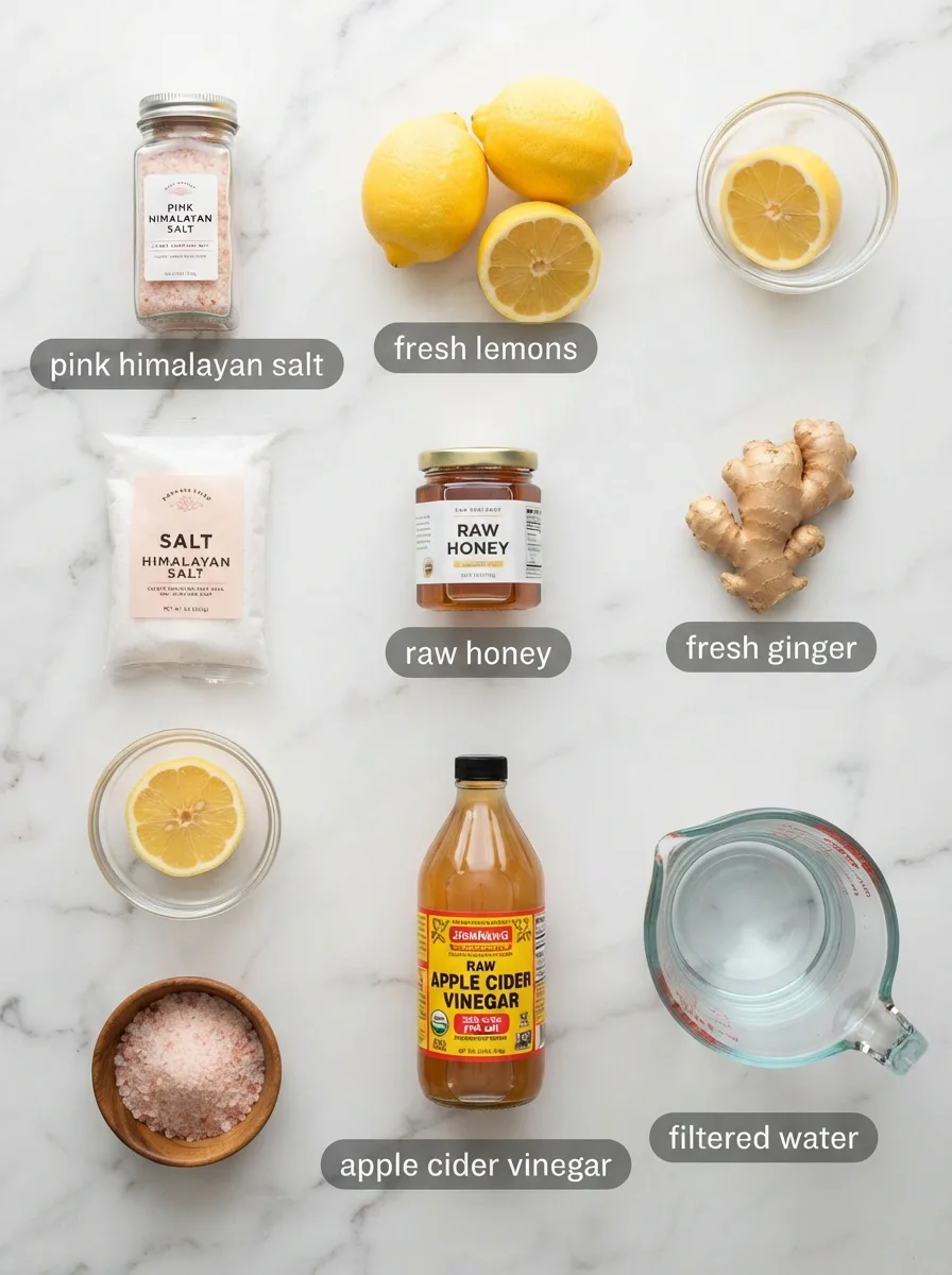 Ingredients for a japanese pink salt diet recipe including salt, lemon, honey, and ginger