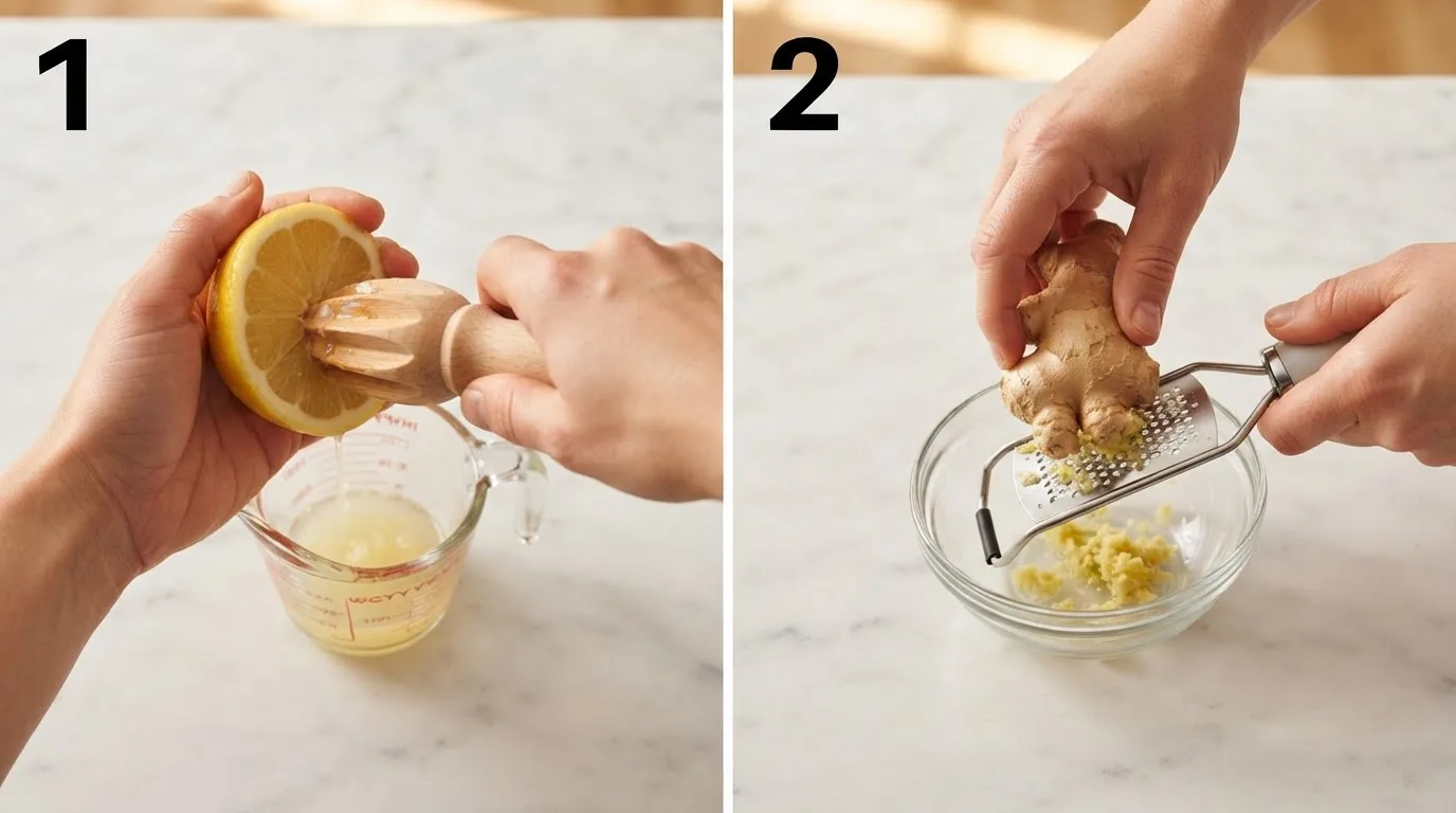 Juicing fresh lemons for a japanese pink salt diet recipe / Grating fresh ginger for a japanese pink salt tonic