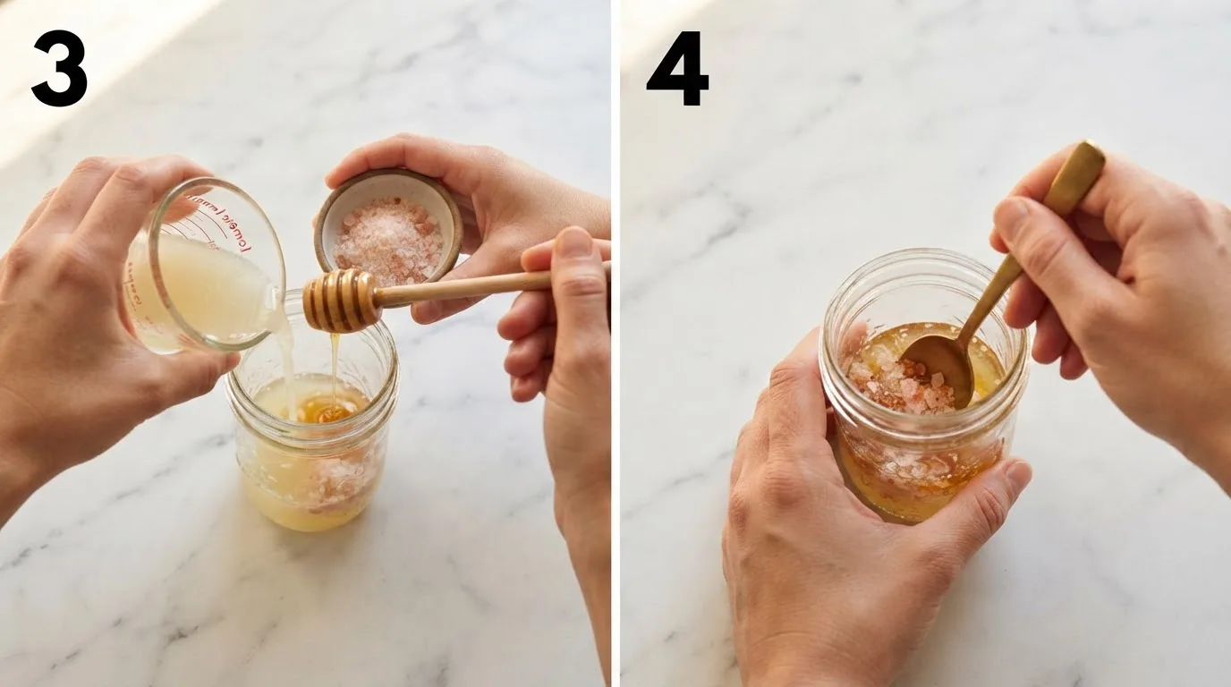 Combining lemon juice, pink salt, and honey in a glass jar / Stirring a japanese pink salt trick recipe concentrate until dissolved