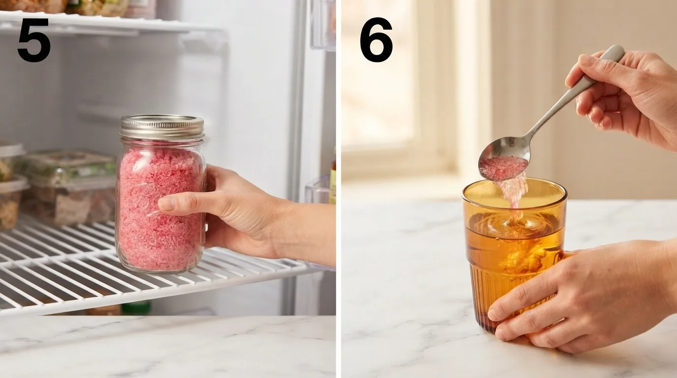 Storing japanese pink salt weight loss recipe concentrate in the refrigerator / Pouring pink salt concentrate into a glass of warm water