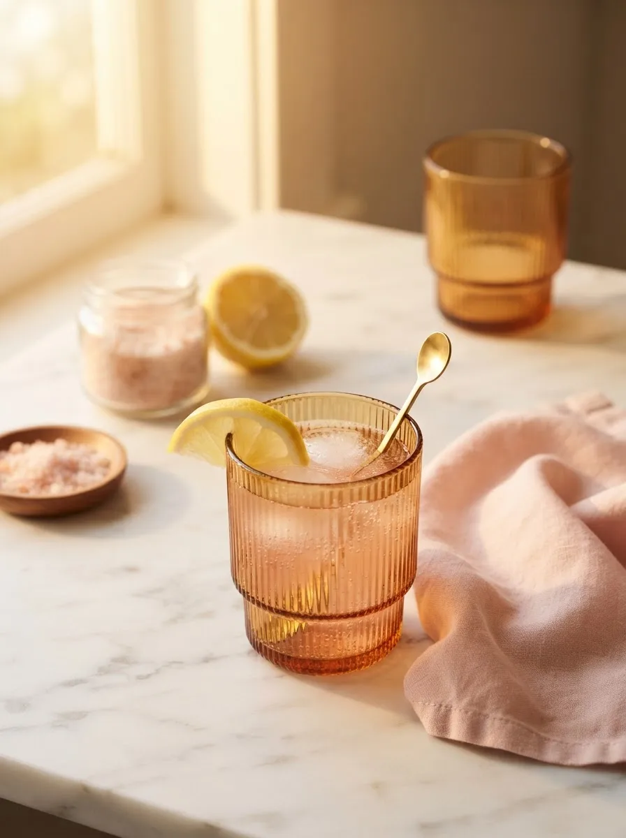 Styled morning scene with a japanese pink salt trick recipe tonic and fresh lemons