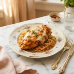 Golden johnny carino's spicy romano chicken topped with melted provolone over angel hair pasta