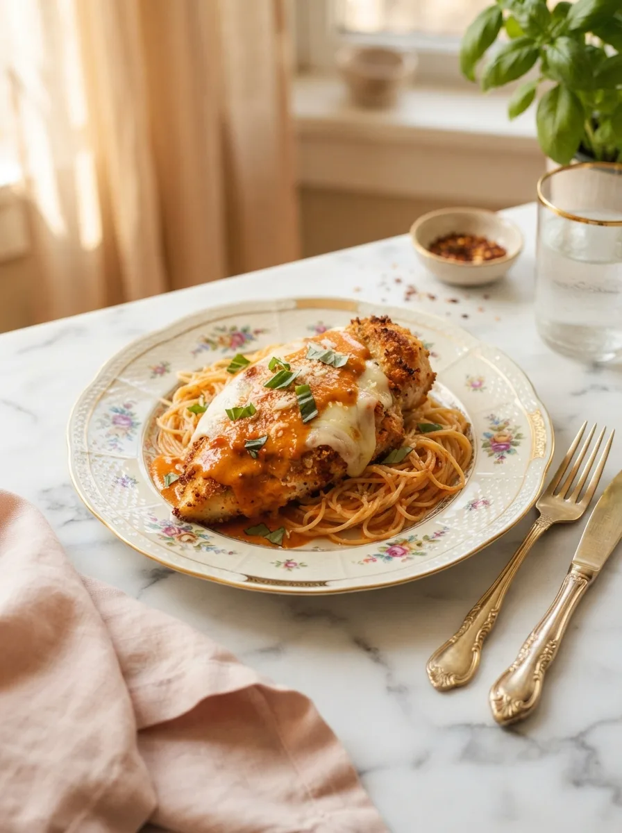 Golden johnny carino's spicy romano chicken topped with melted provolone over angel hair pasta