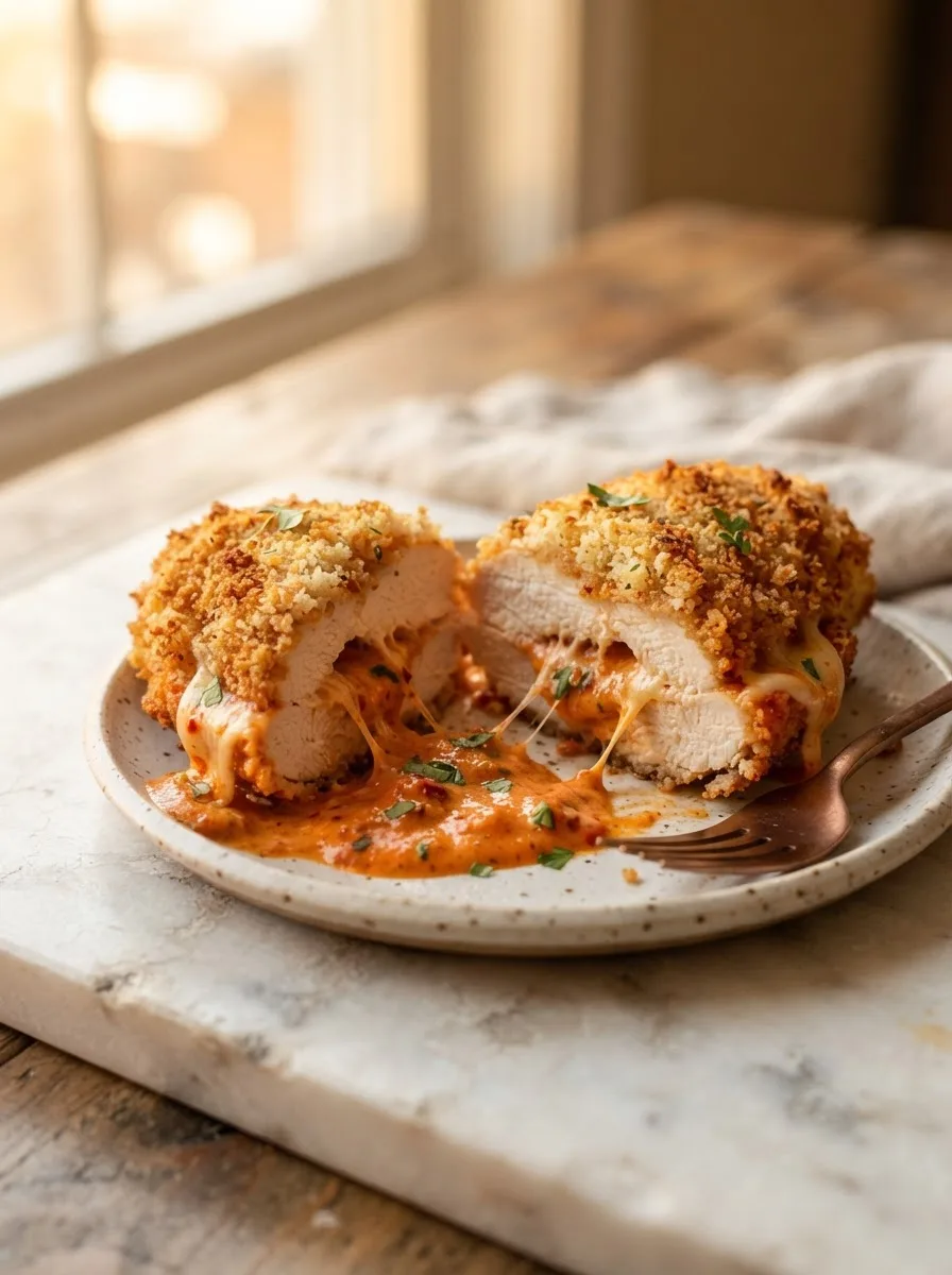 Cross-section of spicy romano chicken showing crispy crust and melted provolone strands