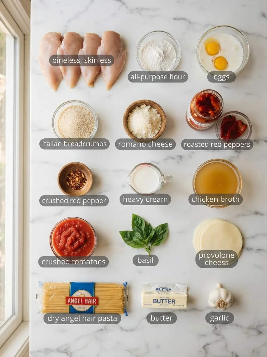 Ingredients for johnny carino's spicy romano chicken including chicken, Romano cheese, roasted peppers