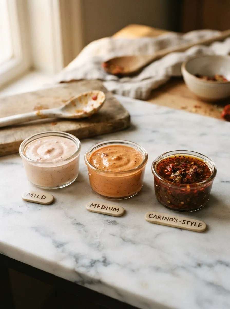 Three sauce test batches showing mild, medium, and carino's-style heat levels side by side