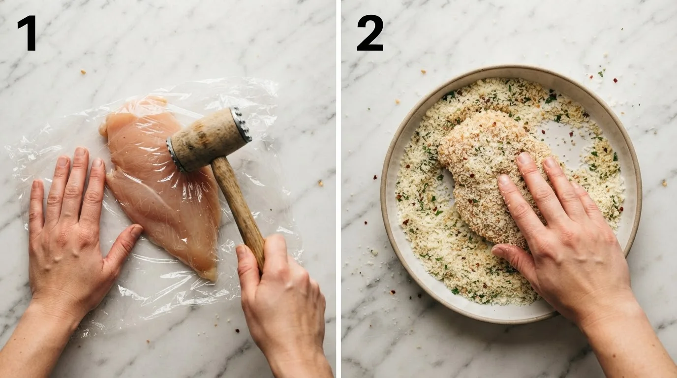 Pounding chicken breast to even thickness under plastic wrap on marble surface / Pressing chicken cutlet into Romano cheese and breadcrumb coating