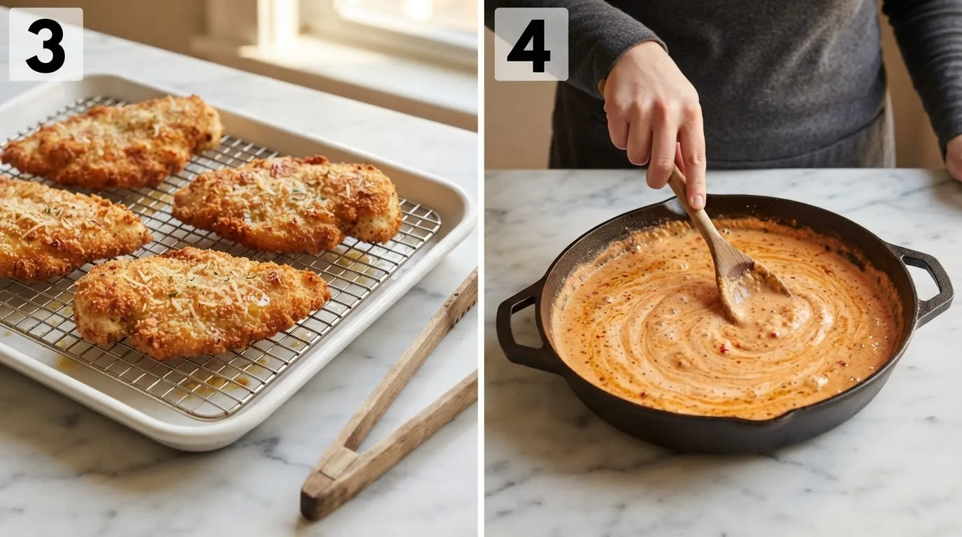Golden fried Romano-crusted chicken cutlets resting on a wire rack / Stirring spicy roasted red pepper cream sauce as it thickens in the skillet