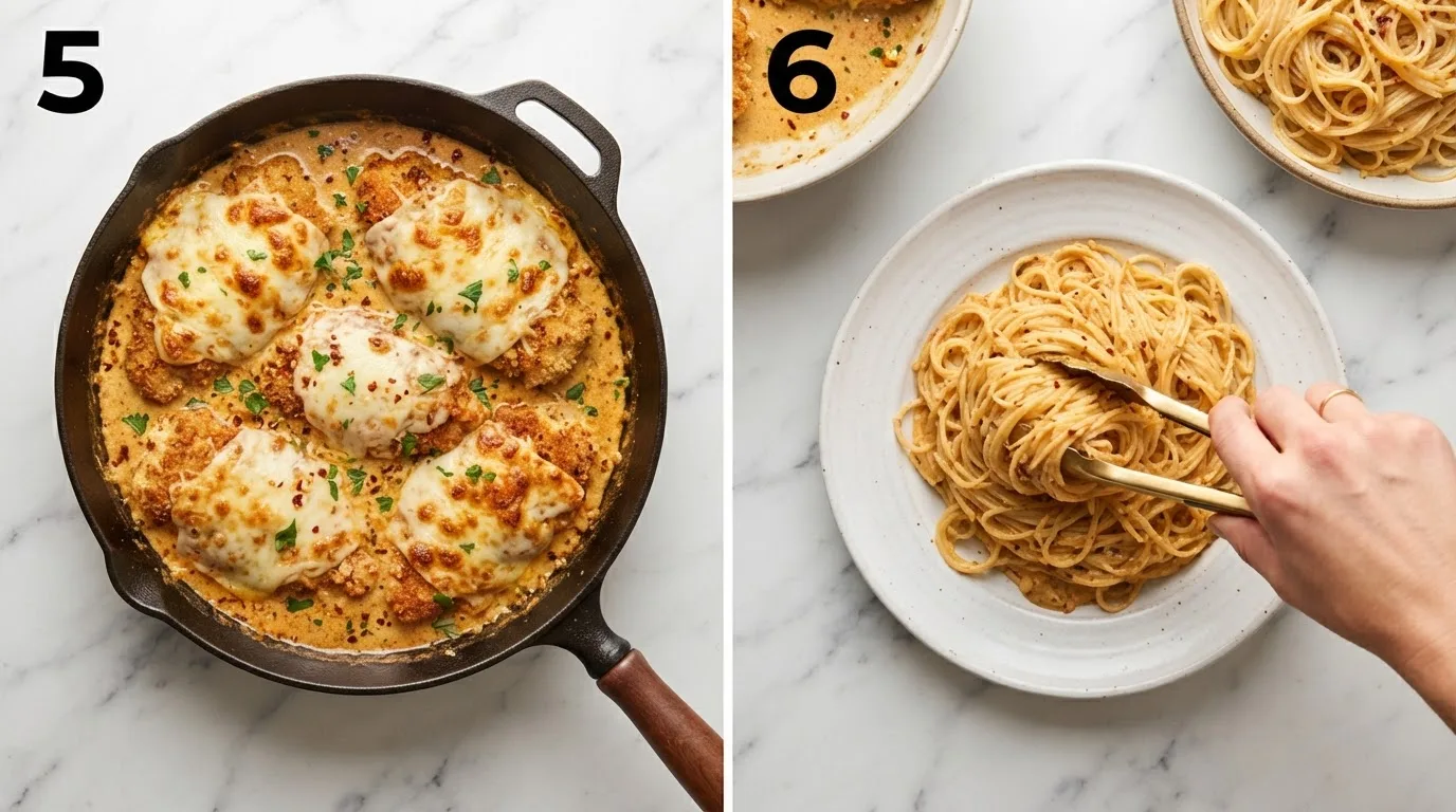 Chicken cutlets topped with golden melted provolone in spicy cream sauce under broiler / Twirling angel hair pasta with tongs coated in spicy Romano sauce