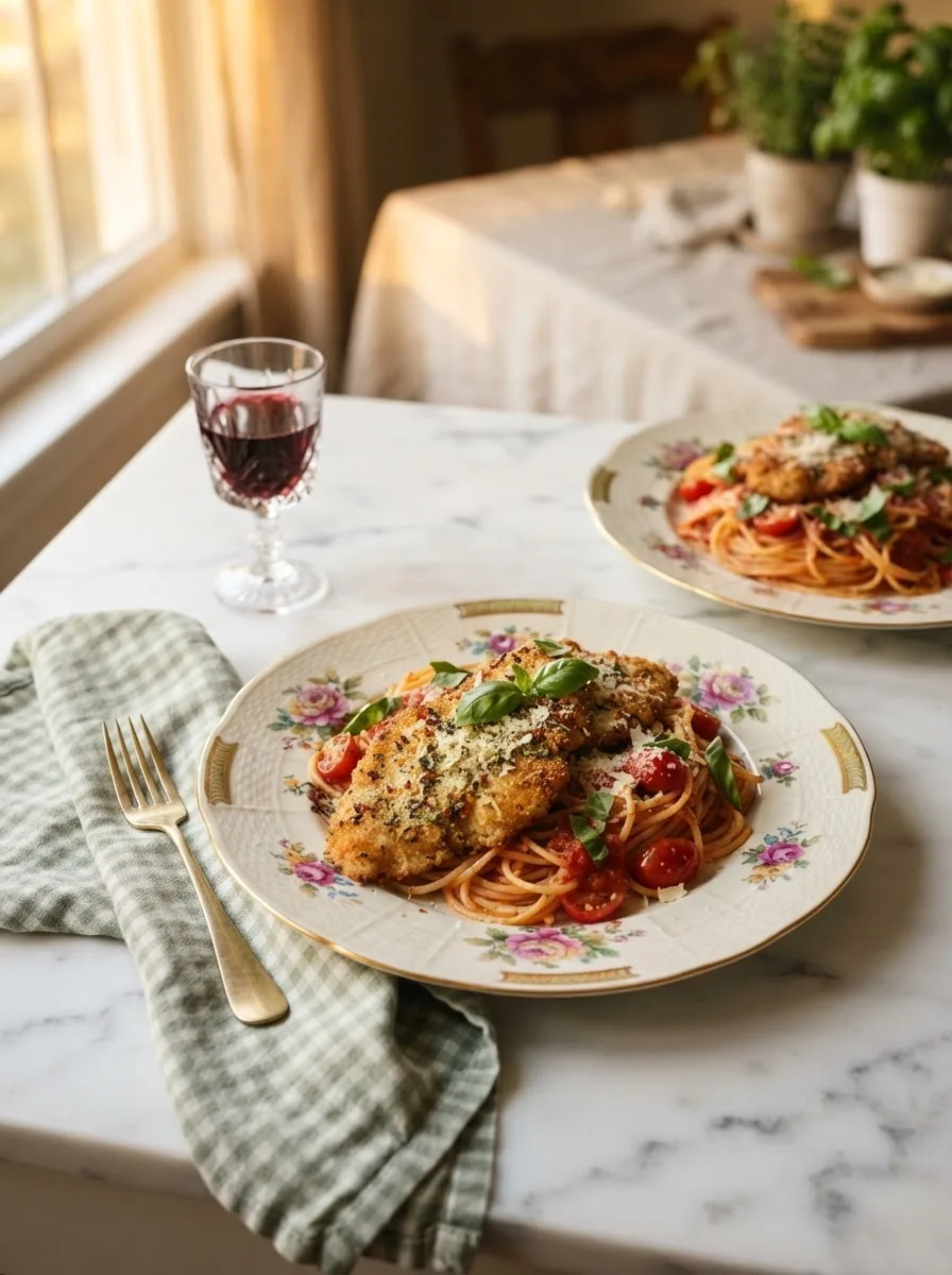 Spicy romano chicken plated with pasta and red wine on a styled dinner table