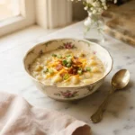 Foolproof longhorn potato soup recipe topped with cheddar, bacon, and green onion in a floral bowl
