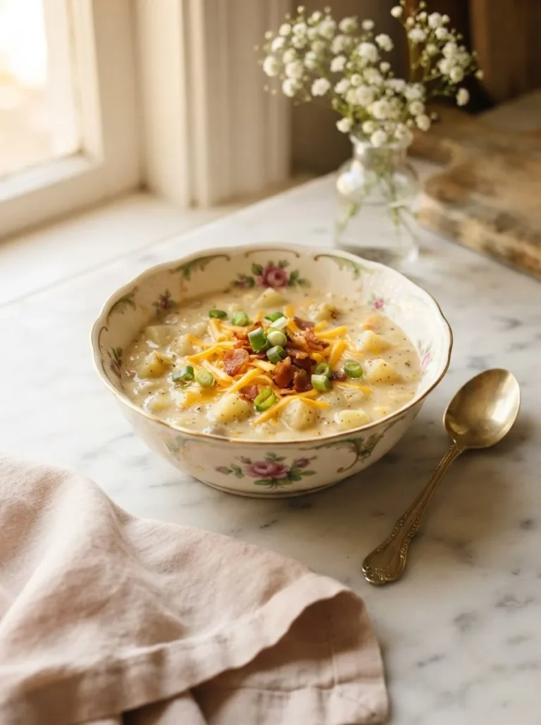 Foolproof longhorn potato soup recipe topped with cheddar, bacon, and green onion in a floral bowl