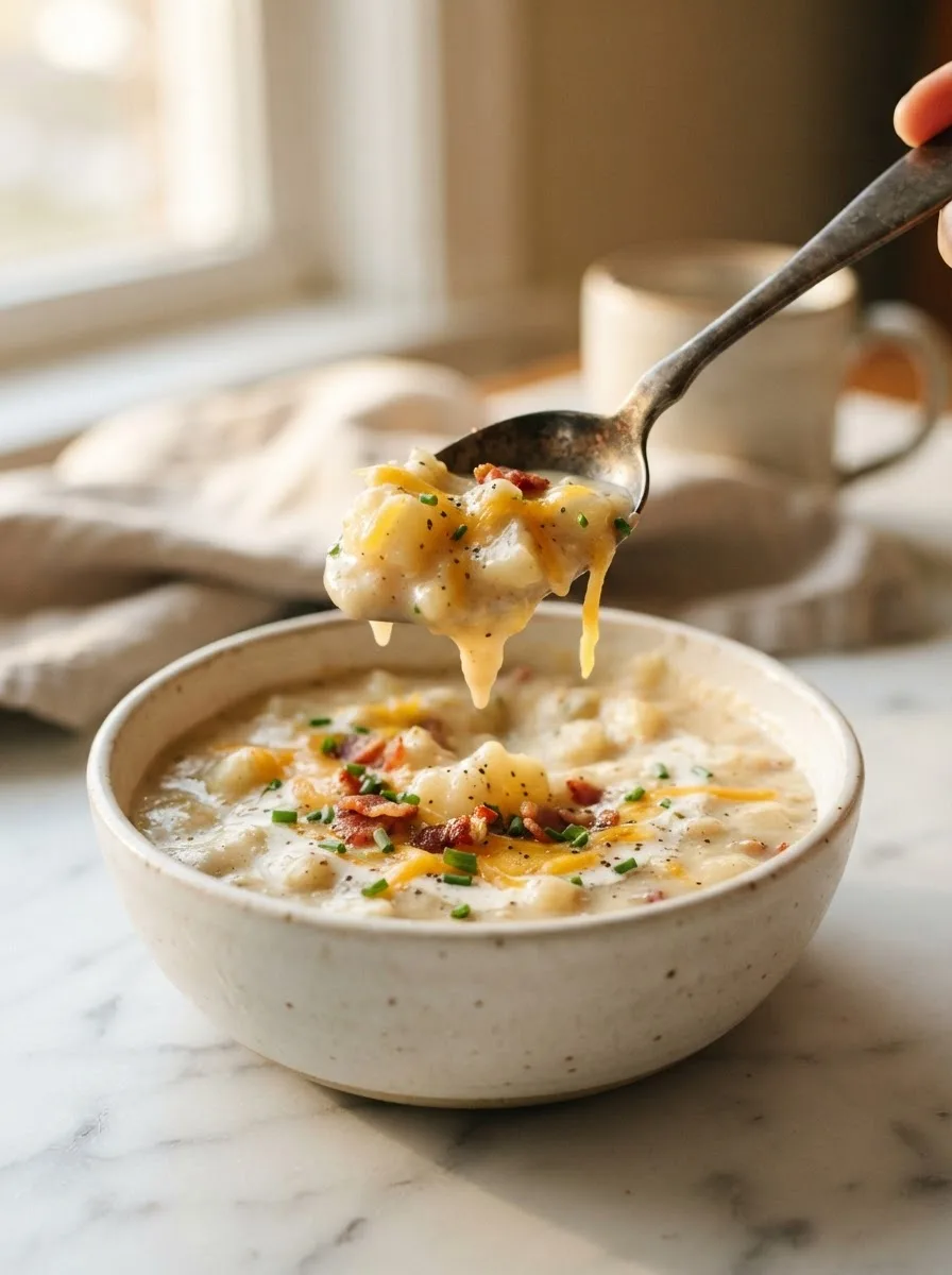 Spoon lifting thick, cheesy longhorn potato soup showing potato chunks and bacon