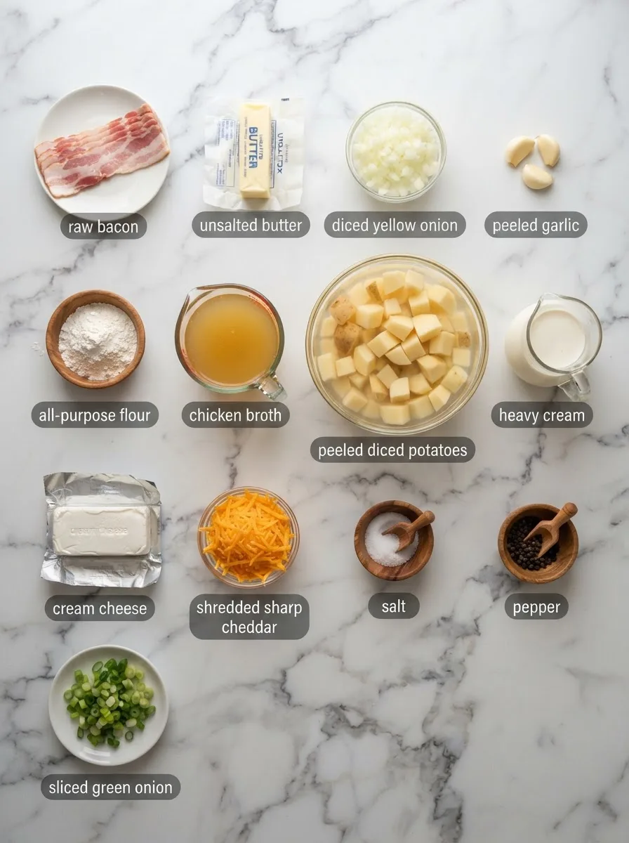Ingredients for longhorn potato soup recipe including bacon, potatoes, cheddar, and cream cheese