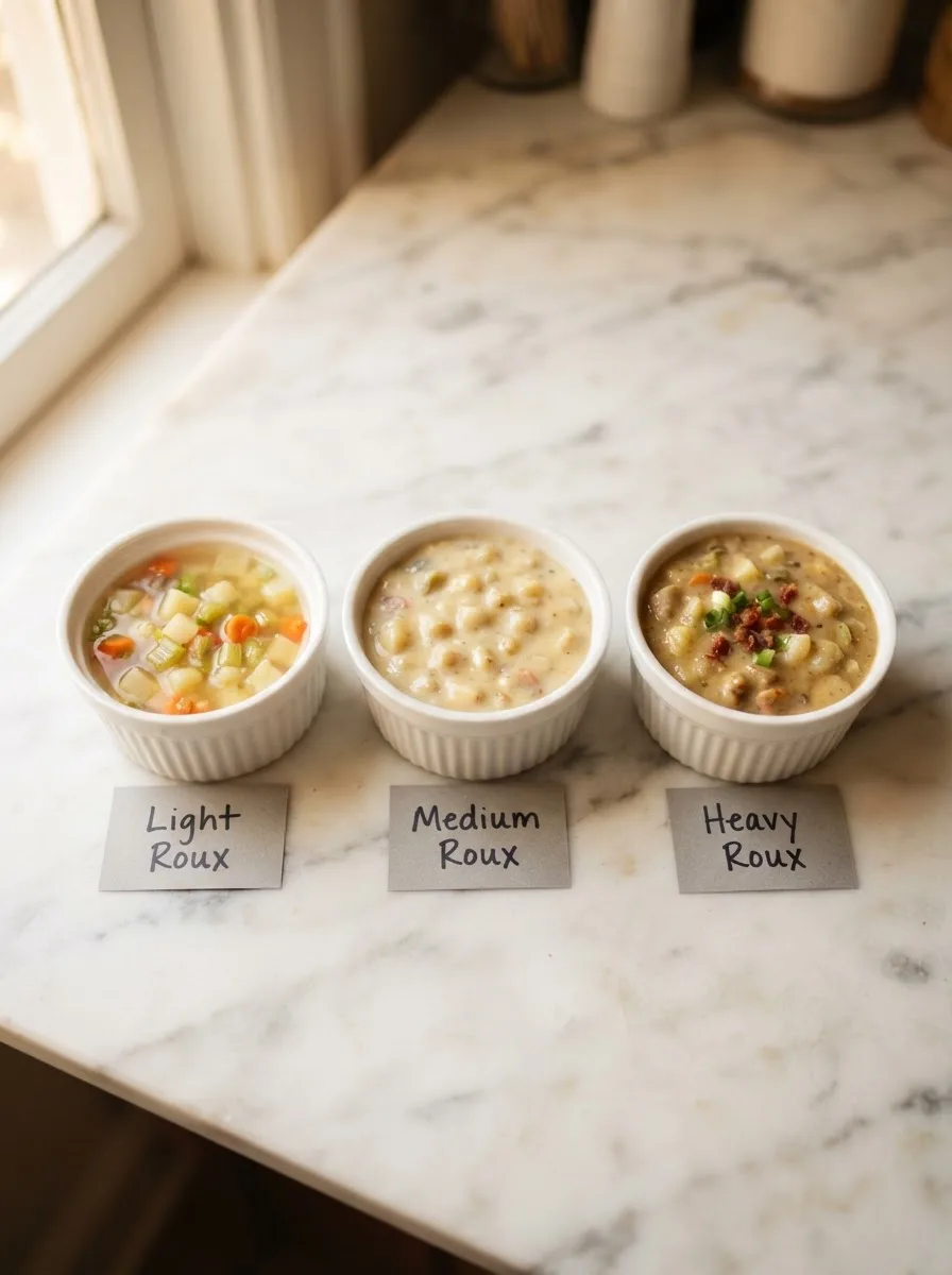 Three-way comparison of potato soup thickness from light to heavy roux