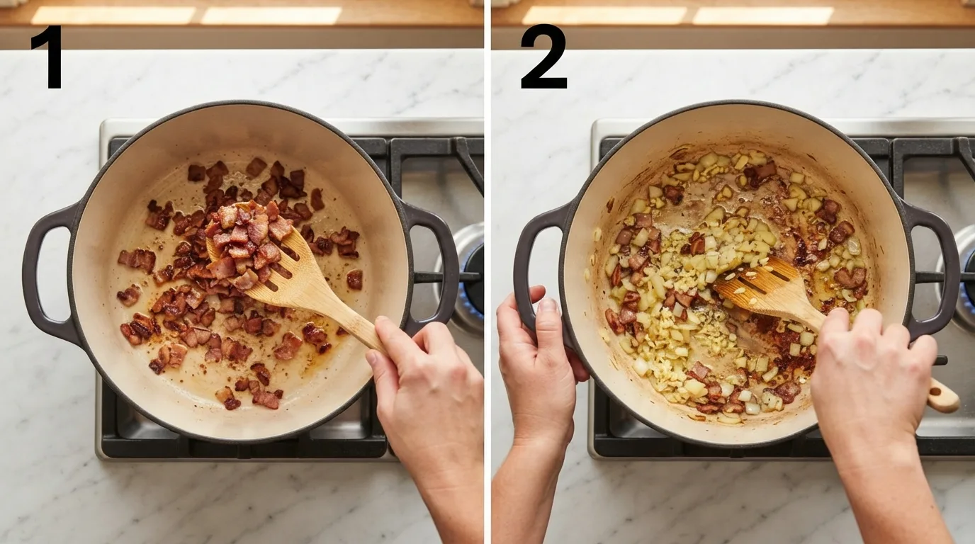 Lifting crispy bacon from a Dutch oven with a slotted spoon / Sautéing diced onion and garlic in butter and bacon fat