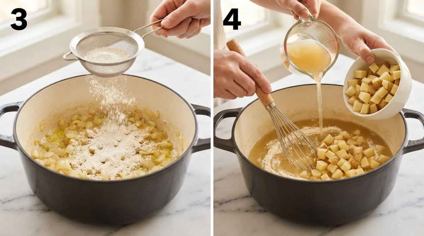 Sprinkling flour over sautéed onions to build a pale golden roux / Whisking chicken broth into roux and adding diced potatoes