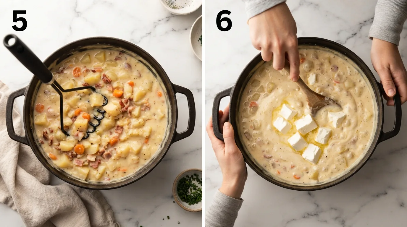 Mashing a portion of potatoes directly in the soup pot for body / Stirring softened cream cheese into potato soup until smooth