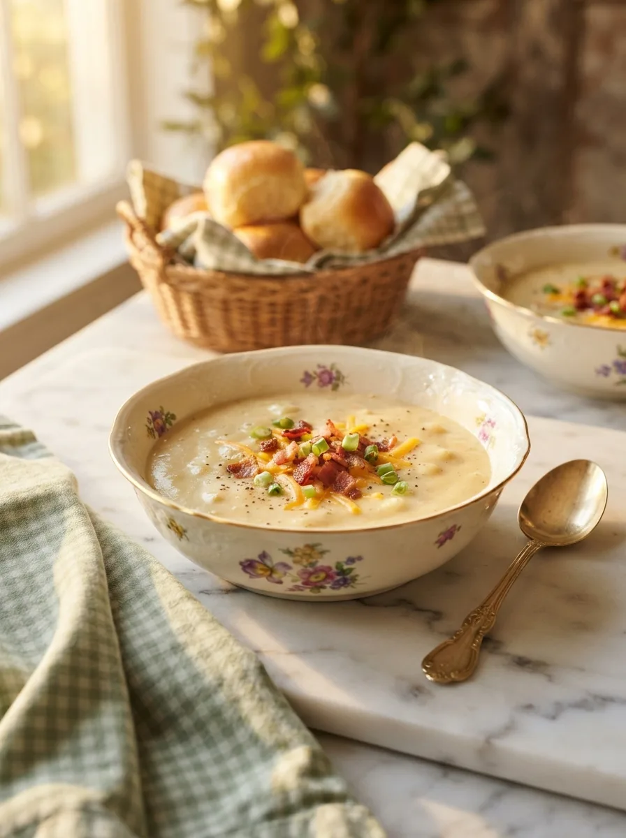Bowl of longhorn potato soup served with rolls at a cozy dinner table