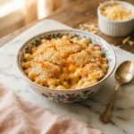 Mission BBQ mac and cheese recipe served in a bowl with crispy golden panko topping and smoky cheddar sauce