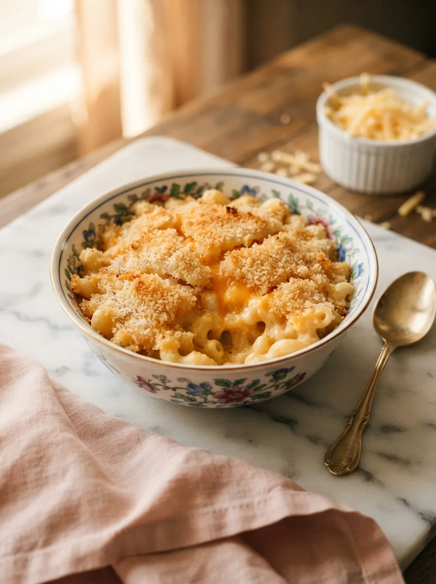 Mission BBQ mac and cheese recipe served in a bowl with crispy golden panko topping and smoky cheddar sauce