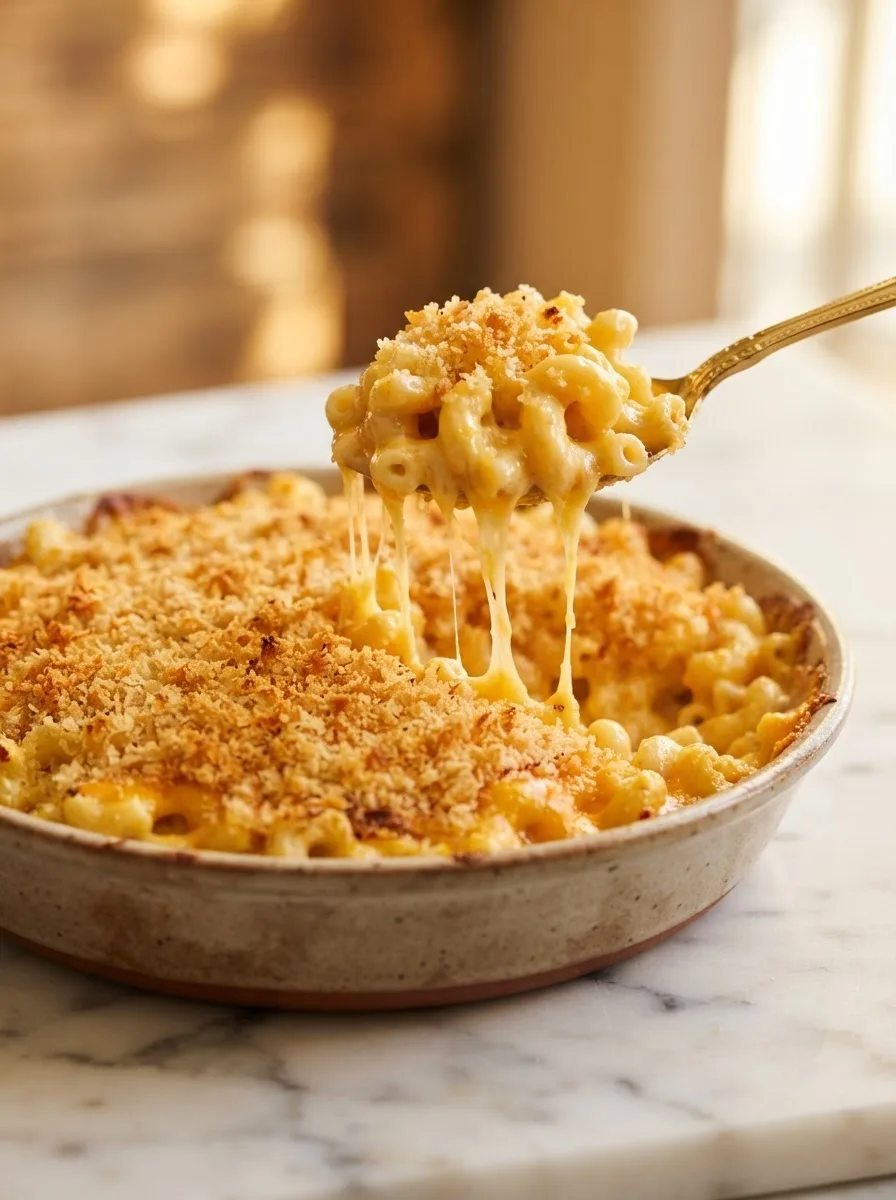 Cheese pull detail from a spoonful of smoky baked mac and cheese with crispy topping