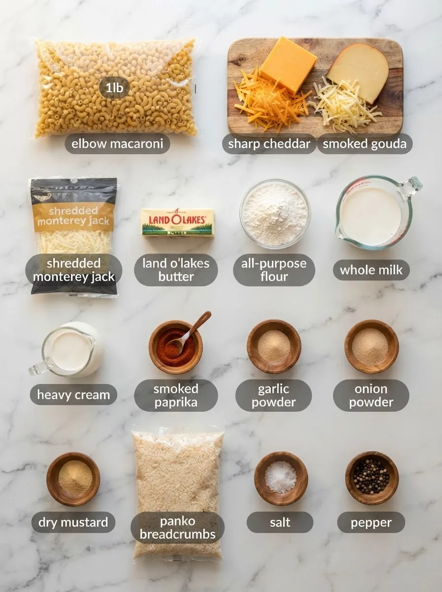 Ingredients for mission bbq mac and cheese recipe measured into bowls including cheddar, gouda, and panko