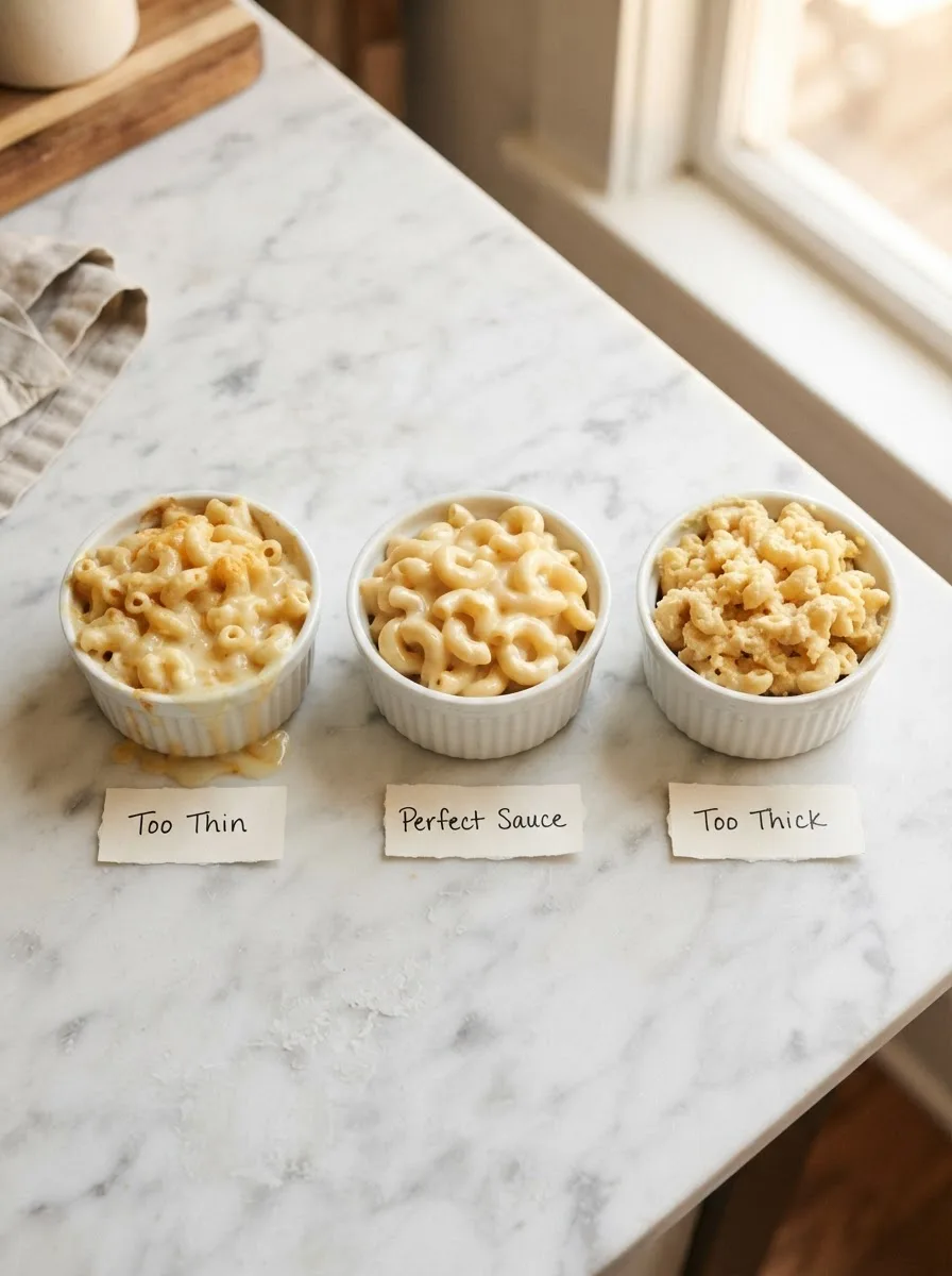 Side-by-side comparison of thin, perfect, and thick mac and cheese sauce textures
