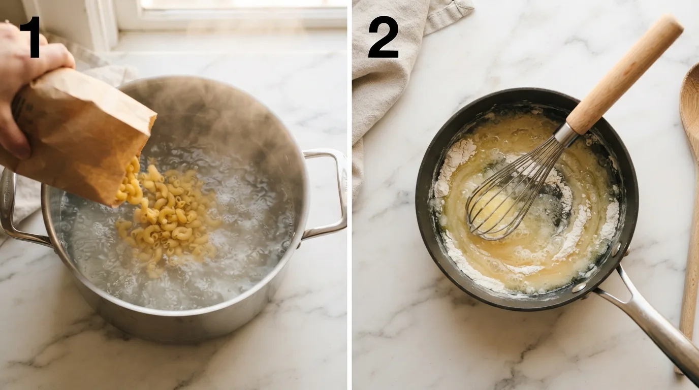 Elbow macaroni being poured into a pot of boiling salted water / Whisking butter and flour into a smooth golden roux in a saucepan