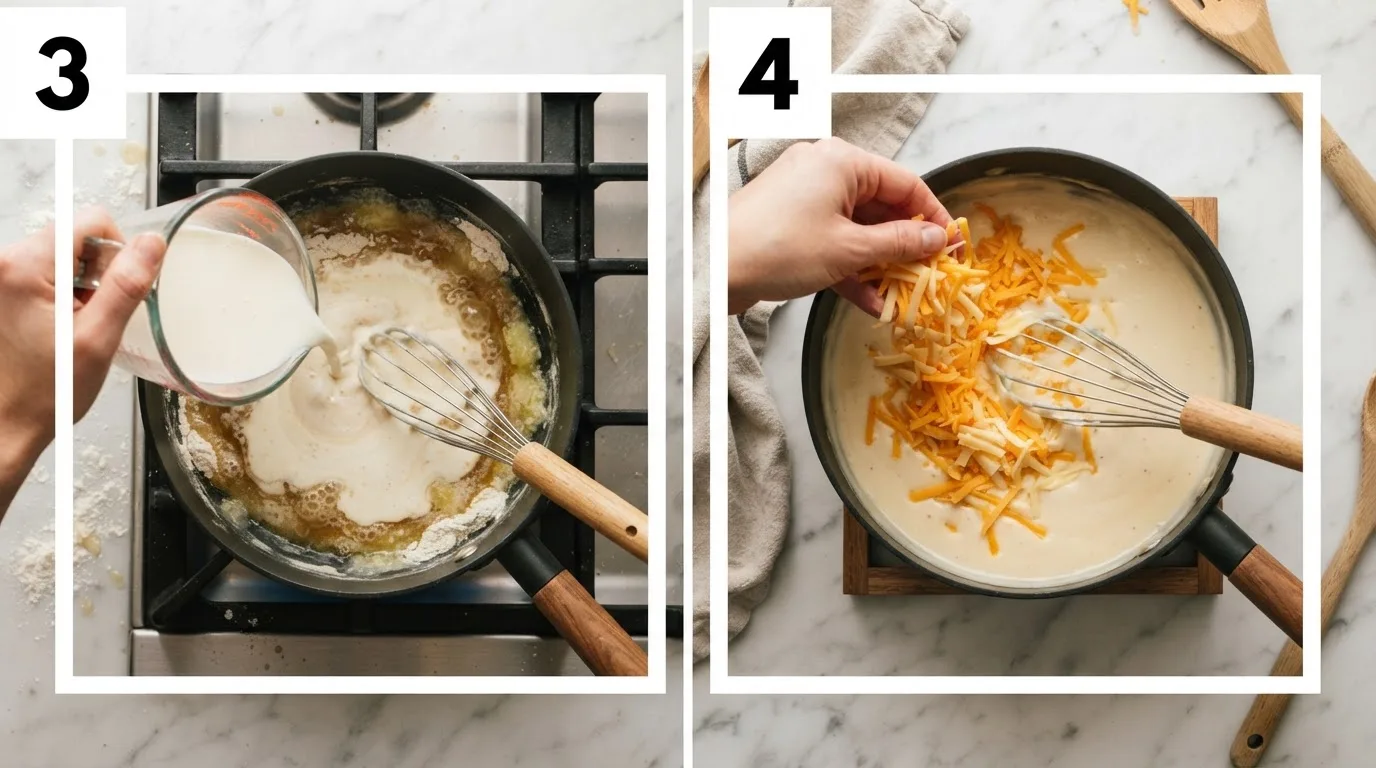 Pouring whole milk into a saucepan of roux while whisking / Whisking shredded cheddar and smoked gouda into thickened cheese sauce