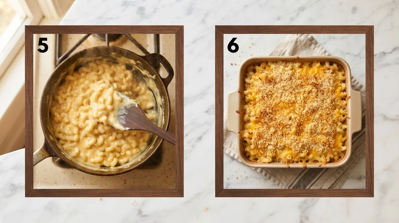 Folding cooked macaroni into smoky cheddar and gouda cheese sauce / Baked mac and cheese with golden panko topping fresh out of the oven
