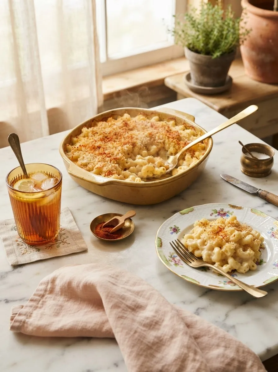 Table scene with baked mac and cheese, sweet tea, and a plated serving on a floral plate