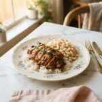 Glossy mo bettahs teriyaki chicken sliced over rice on a floral gold-rim plate