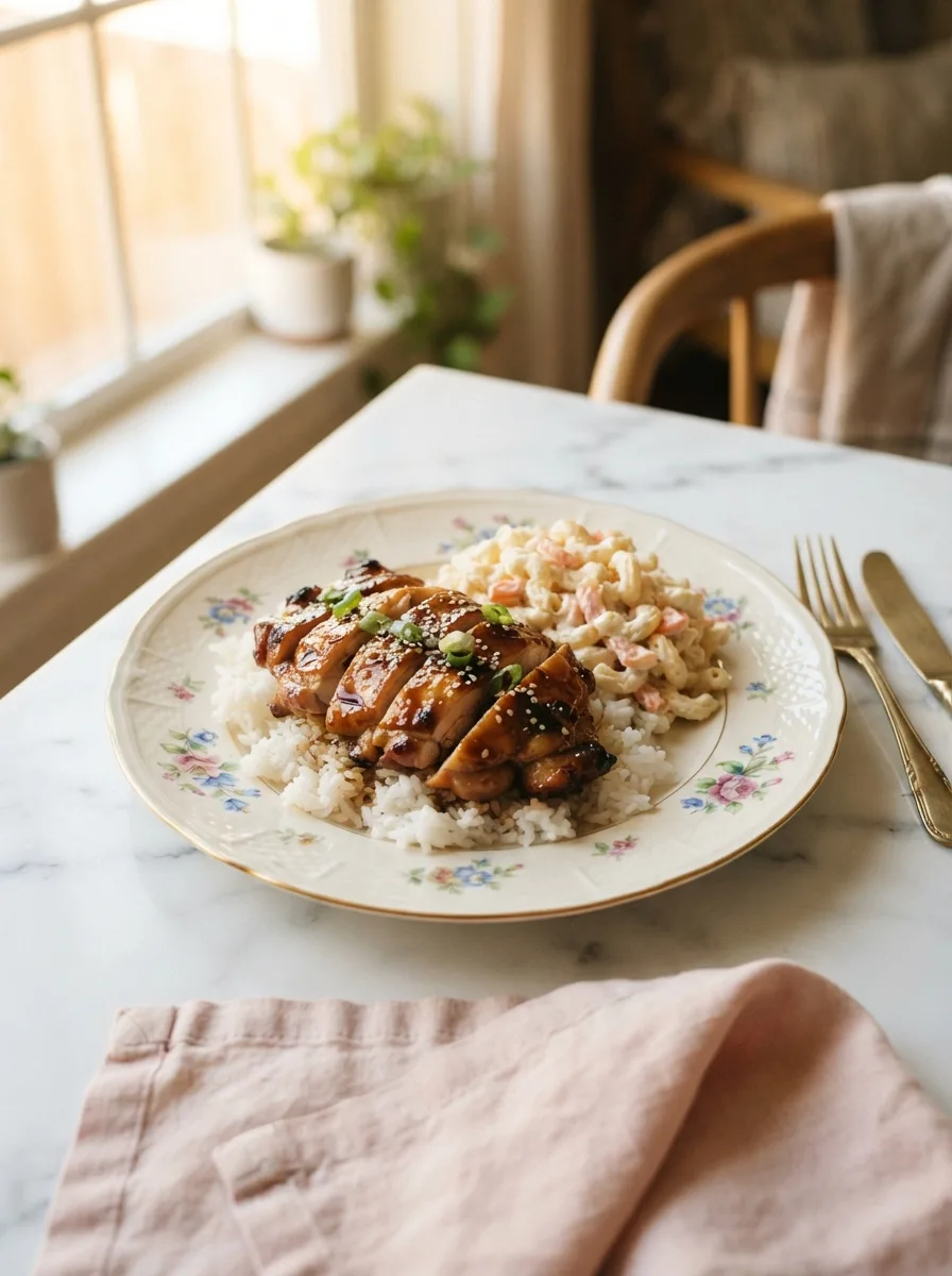 Glossy mo bettahs teriyaki chicken sliced over rice on a floral gold-rim plate