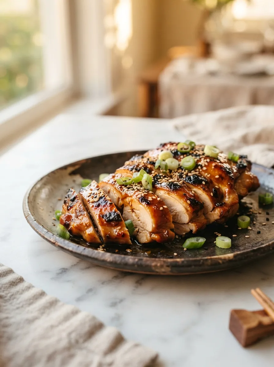 Sliced teriyaki chicken thigh showing juicy interior and glossy glaze coating