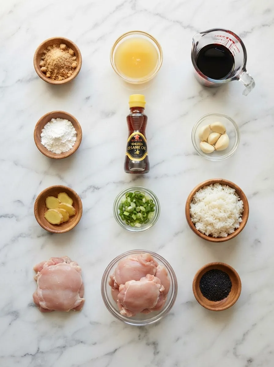 Ingredients for mo bettahs teriyaki chicken including thighs, soy sauce, and ginger