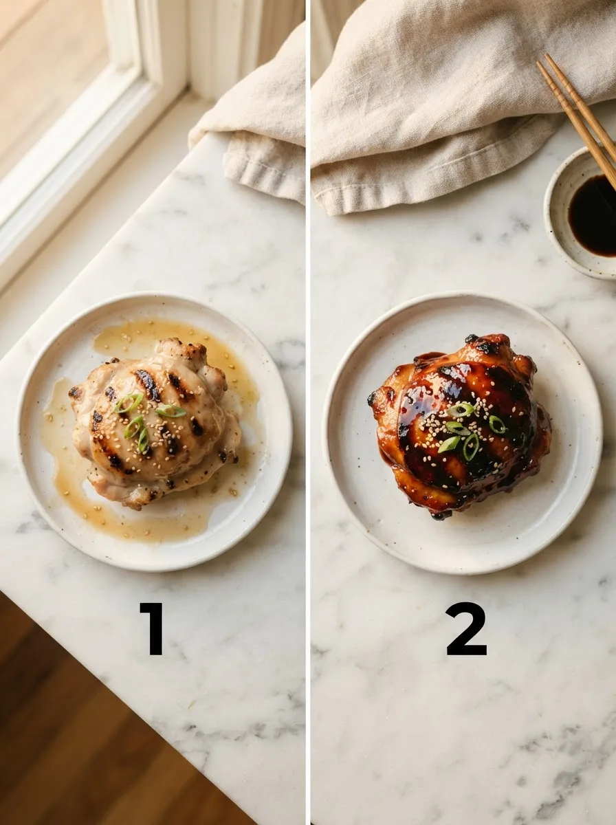 Comparison of thin watery teriyaki glaze versus thick glossy glaze on chicken