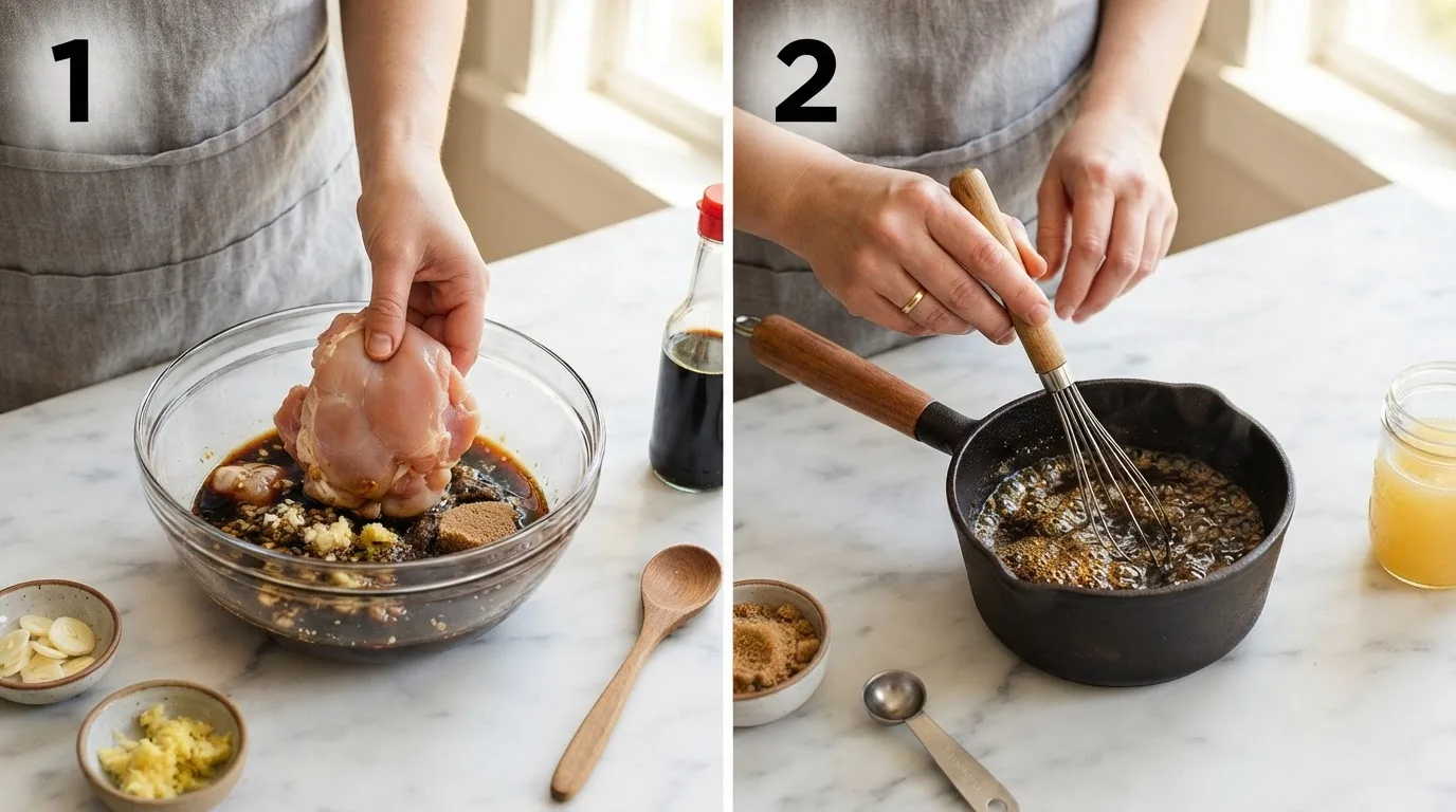 Chicken thighs marinating in soy sauce, garlic, and ginger in glass bowl / Whisking soy sauce, brown sugar, and pineapple juice for teriyaki sauce
