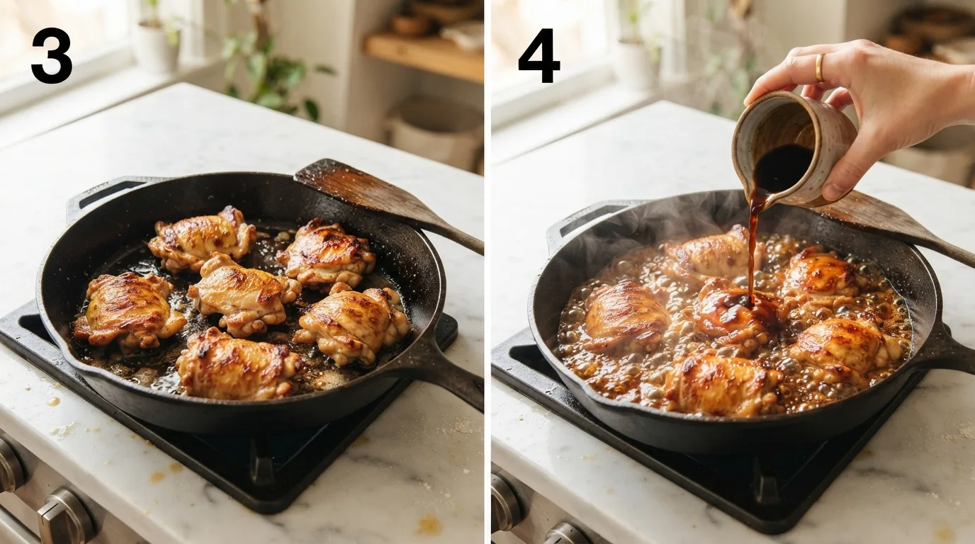 Chicken thighs searing golden brown in a cast iron skillet / Pouring teriyaki sauce over seared chicken thighs in skillet