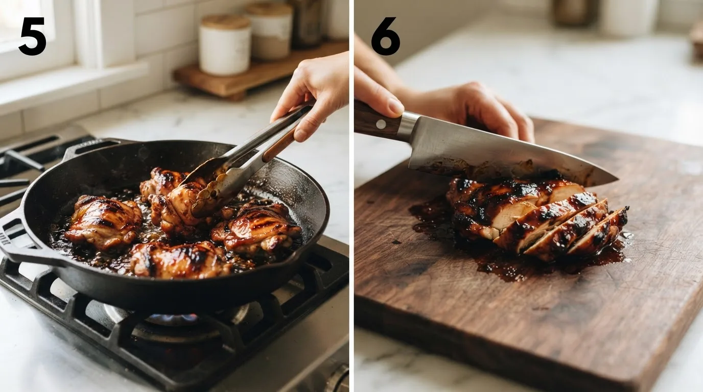 Chicken thighs being coated in thick glossy teriyaki glaze in skillet / Sliced teriyaki chicken on cutting board with glaze coating each piece