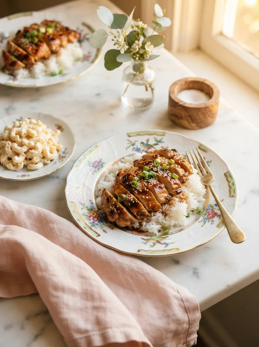 Teriyaki chicken table scene with macaroni salad and rice on floral plates