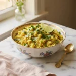 Foolproof moe's seasoned rice with lime and cilantro in a floral gold-rim bowl